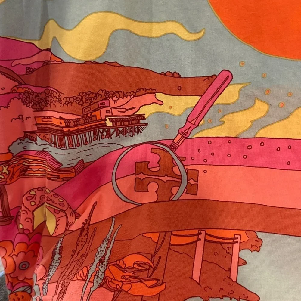 TORY BURCH TEE 100% COTTON GRAPHIC VIBRANT COLORFUL COASTAL HIPPIE OCEAN SUN XL